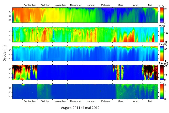Grafisk framstilling av vannmiljøet fra overflaten og ned til bunnen i en laksemerd fra august 2011 til mai 2012, slik det presenteres i Velferdsmeteret. Grafikken viser, fra øverst til nederst, endringer i temperatur, O2-nivå, salinitet, klorofyll og partikkelinnhold. (Foto: (Skjermdump fra www.imr.no/welfaremeter)) Grafisk framstilling av vannmiljøet fra overflaten og ned til bunnen i en laksemerd fra august 2011 til mai 2012, slik det presenteres i Velferdsmeteret. Grafikken viser, fra øverst til nederst, endringer i temperatur, O2-nivå, salinitet, klorofyll og partikkelinnhold. (Foto: (Skjermdump fra www.imr.no/welfaremeter))