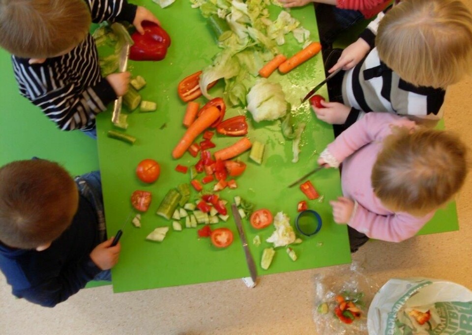Barn kutter grønnsaker. (Foto: Sondre Bjaberg)