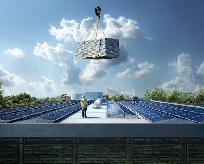 Solceller på taket skal sørge for at Powerhouse Kjørbo i Sandvika er selvforsynt med elektrisitet. (Foto: Snøhetta/MIR) Solceller på taket skal sørge for at Powerhouse Kjørbo i Sandvika er selvforsynt med elektrisitet. (Foto: Snøhetta/MIR)
