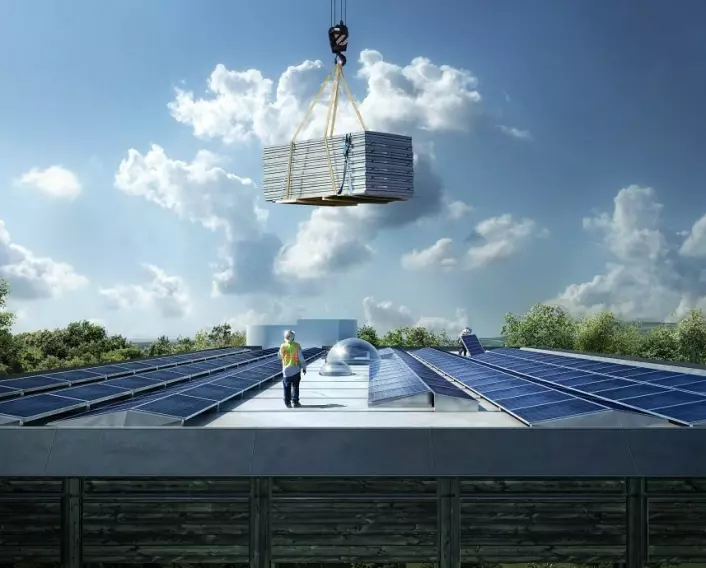 Solceller på taket skal sørge for at Powerhouse Kjørbo i Sandvika er selvforsynt med elektrisitet. (Foto: Snøhetta/MIR)