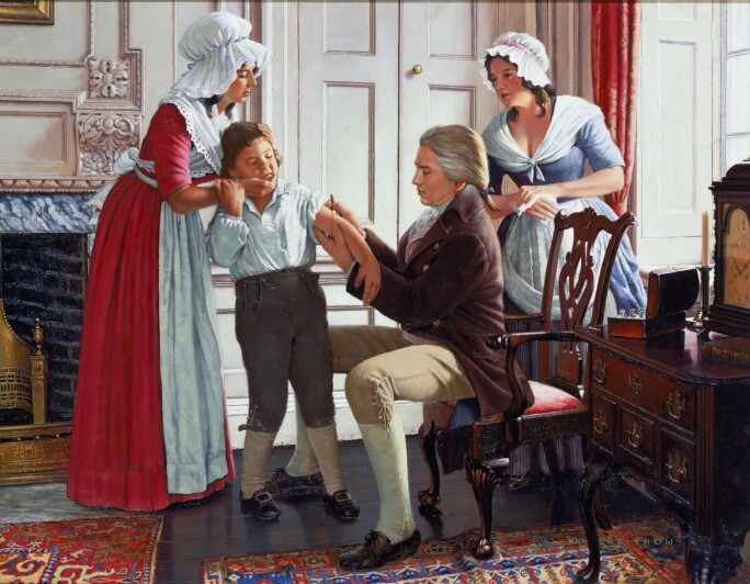 Legen Edward Jenner injiserte den første koppevaksinen i fattiggutten James Phipps i 1796. Legen Edward Jenner injiserte den første koppevaksinen i fattiggutten James Phipps i 1796.