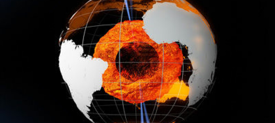 Jordas magnetfelt skapes av flytende jern som spinner i planetens indre. Illustrasjon: ESA (Illustrasjon: ESA/AOES Medialab)