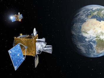 To av satellittene i Meteosat Third Generation, Europas nye generasjon værsatellitter, svever over jorda. (Illustrasjon: ESA/P. Carril) To av satellittene i Meteosat Third Generation, Europas nye generasjon værsatellitter, svever over jorda. (Illustrasjon: ESA/P. Carril)