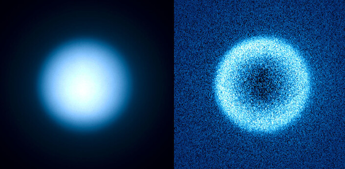 Saturnmånen Titans atmosfære, fotografert uten (til venstre) og med måling av polarisering av SPHERE-instrumentet. Polariseringen kommer av at lyset spres i disen, men også reflektert lys polariseres, for eksempel det reflekterte lyset fra eksoplaneter. (Foto: ESO/J.-L. Beuzit et al./SPHERE Consortium) Saturnmånen Titans atmosfære, fotografert uten (til venstre) og med måling av polarisering av SPHERE-instrumentet. Polariseringen kommer av at lyset spres i disen, men også reflektert lys polariseres, for eksempel det reflekterte lyset fra eksoplaneter. (Foto: ESO/J.-L. Beuzit et al./SPHERE Consortium)