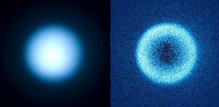 Saturnmånen Titans atmosfære, fotografert uten (til venstre) og med måling av polarisering av SPHERE-instrumentet. Polariseringen kommer av at lyset spres i disen, men også reflektert lys polariseres, for eksempel det reflekterte lyset fra eksoplaneter. (Foto: ESO/J.-L. Beuzit et al./SPHERE Consortium)