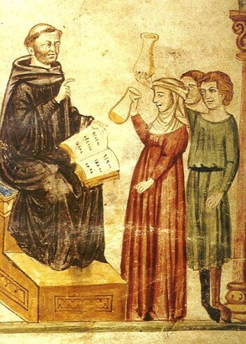 Den tunisiske legen Konstantin, som levde for nærmere 1000 år siden, skal ha undersøkt pasienters urinprøver, slik han gjør i dette verket. (Foto: (Kilde: Wikimedia Commons)) Den tunisiske legen Konstantin, som levde for nærmere 1000 år siden, skal ha undersøkt pasienters urinprøver, slik han gjør i dette verket. (Foto: (Kilde: Wikimedia Commons))