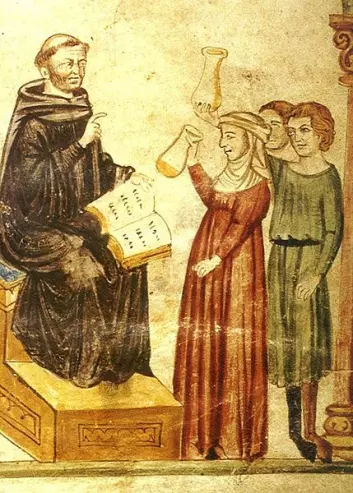 Den tunisiske legen Konstantin, som levde for nærmere 1000 år siden, skal ha  undersøkt pasienters urinprøver, slik han  gjør i dette verket. (Foto: (Kilde: Wikimedia Commons))