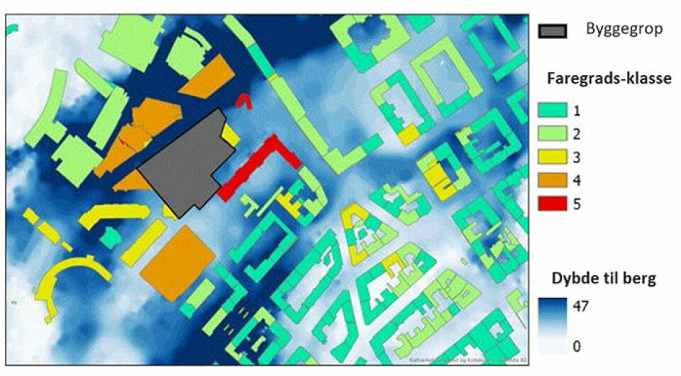 This mapping tool, developed by NGI, shows the vulnerability of buildings in connection with a construction project. The grey area is a construction pit, and the colours grade the danger - red being in the most danger of settlement damage.