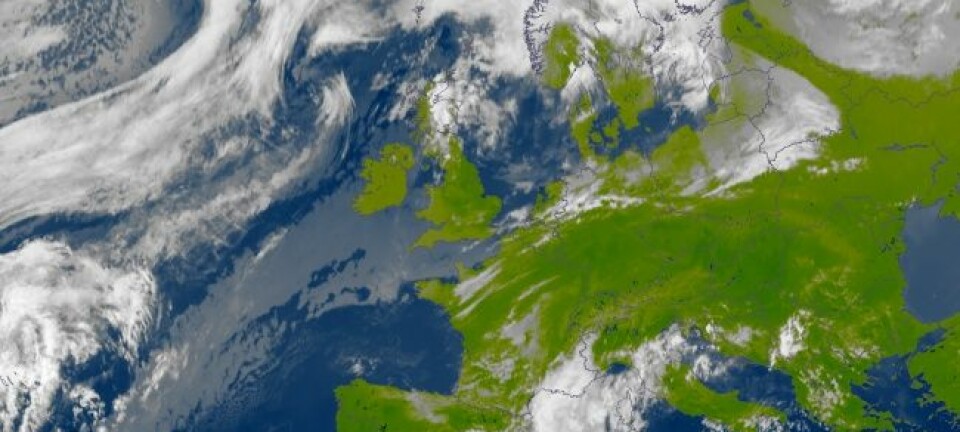 Bilde av været i Europa tatt av dagens Meteosat-satellitter kl 14.45, 20. mars 2012. (Foto: Eumetsat/Met.no)