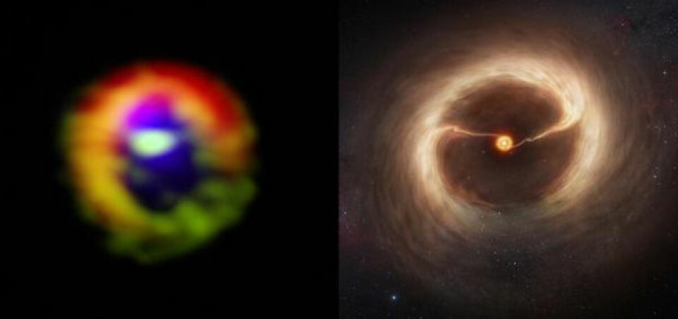 T.v: ALMA-bilde av en ung stjerne med store strømmer av gass og støv over det mørke gapet i skiven. T.h: Illustrasjon av det samme. Dette er den første direkte observasjonen av slike gasstrømmer, som trolig skaper kjempeplaneter. (Foto: (Foto/illustrasjon: ALMA (ESO/NAOJ/NRAO)/M. Kornmesser (ESO), S. Casassus et al.))