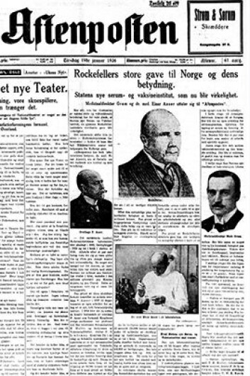 The press cheered Rockefeller's gift to the Institute of Public Health. Facsimile from Aftenposten January 19th 1926. The press cheered Rockefeller's gift to the Institute of Public Health. Facsimile from Aftenposten January 19th 1926.