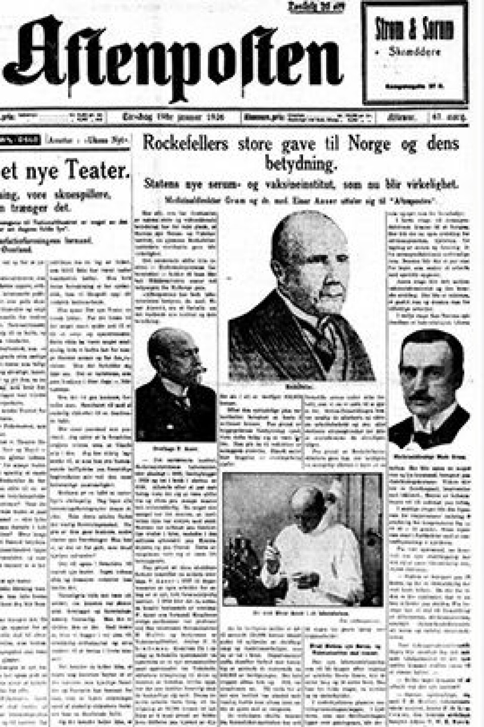 The press cheered Rockefeller's gift to the Institute of Public Health. Facsimile from Aftenposten January 19th 1926.