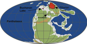 Slik så deler av verden ut mot slutten av perm. Innsjøen Buchanan i Canada er avmerket, i tillegg til Trondheim og vulkanområdene i Sibir. (Foto: (Illustrasjon: NGU)) Slik så deler av verden ut mot slutten av perm. Innsjøen Buchanan i Canada er avmerket, i tillegg til Trondheim og vulkanområdene i Sibir. (Foto: (Illustrasjon: NGU))