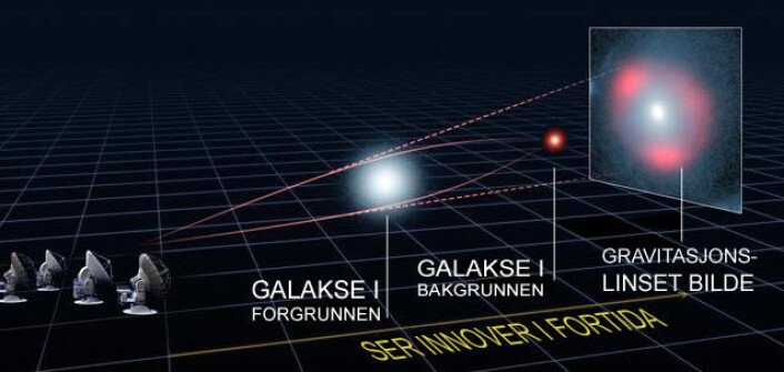 Gravitasjonslinse: Tyngdefeltet fra galaksen i forgrunnen avbøyer lyset fra galaksen i bakgrunnen, slik at den former karakteristiske ringer av lys, kalt Einstein-ringer. (Foto: (Illustrasjon: ALMA (ESO/NRAO/NAOJ), L. Calçada (ESO), Y. Hezaveh et al., oversatt av forskning.no)) Gravitasjonslinse: Tyngdefeltet fra galaksen i forgrunnen avbøyer lyset fra galaksen i bakgrunnen, slik at den former karakteristiske ringer av lys, kalt Einstein-ringer. (Foto: (Illustrasjon: ALMA (ESO/NRAO/NAOJ), L. Calçada (ESO), Y. Hezaveh et al., oversatt av forskning.no))