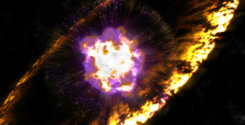 Når supernovaer eksploderer, sender de ut sjokkbølger med turbulente magnetfelt som akselererer protoner til enorme energier. Mekanismen kalles Fermi-akselerasjon, etter fysikeren Enrico Fermi, som først foreslo den. (Foto: (Illustrasjon: Greg Stewart, SLAC National Accelerator Laboratory))