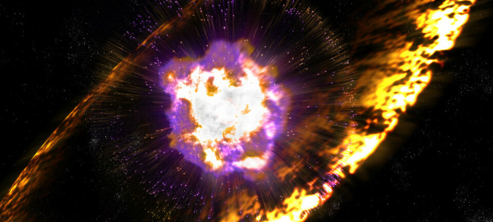 Når supernovaer eksploderer, sender de ut sjokkbølger med turbulente magnetfelt som akselererer protoner til enorme energier. Mekanismen kalles Fermi-akselerasjon, etter fysikeren Enrico Fermi, som først foreslo den. (Illustrasjon: Greg Stewart, SLAC National Accelerator Laboratory)