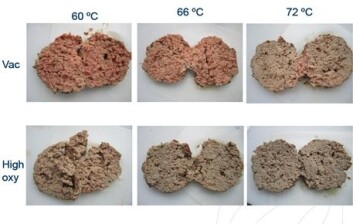 Når kjøtt pakkes i høyoksygen, blir det brungrått og ser gjennomstekt ut allerede ved 60 grader, mens kjøtt pakket med andre tradisjonelle gassblandinger eller med vakuum, trenger temperaturer over 71 grader for å oppnå samme farge. (Foto: Oddvin Sørheim/Nofima) Når kjøtt pakkes i høyoksygen, blir det brungrått og ser gjennomstekt ut allerede ved 60 grader, mens kjøtt pakket med andre tradisjonelle gassblandinger eller med vakuum, trenger temperaturer over 71 grader for å oppnå samme farge. (Foto: Oddvin Sørheim/Nofima)