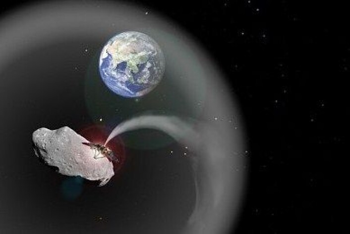Et romskip legger et støvteppe over jorda. (Foto: Charlotte Lücking, basert på bilder fra ESA and NASA) Et romskip legger et støvteppe over jorda. (Foto: Charlotte Lücking, basert på bilder fra ESA and NASA)