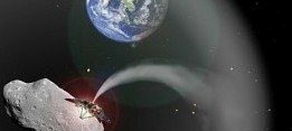 Et romskip legger et støvteppe over jorda. Charlotte Lücking, basert på bilder fra ESA and NASA