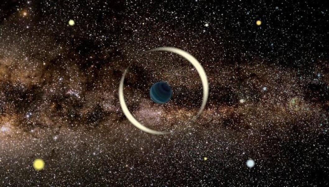 En ensom planet på tur i verdensrommet. Planeten forstyrrer lyset fra en stjerne i bakgrunnen. Det er slik forskerne kan finne slike enslige planeter. En ensom planet på tur i verdensrommet. Planeten forstyrrer lyset fra en stjerne i bakgrunnen. Det er slik forskerne kan finne slike enslige planeter.