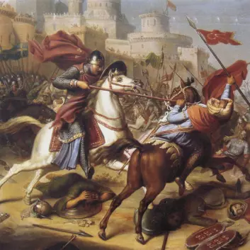 Ridderen Robert de Normandie under slaget om Antioch i 1097. (Foto: (Illustrasjon: J.J. Dassy/Wikimedia Commons))