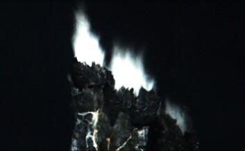 Utbrudd på den fakkellignende svarte skorsteinen El Guapo Vent, dypt i Stillehavet. (Foto: NOAA PMEL Vents Program) Utbrudd på den fakkellignende svarte skorsteinen El Guapo Vent, dypt i Stillehavet. (Foto: NOAA PMEL Vents Program)