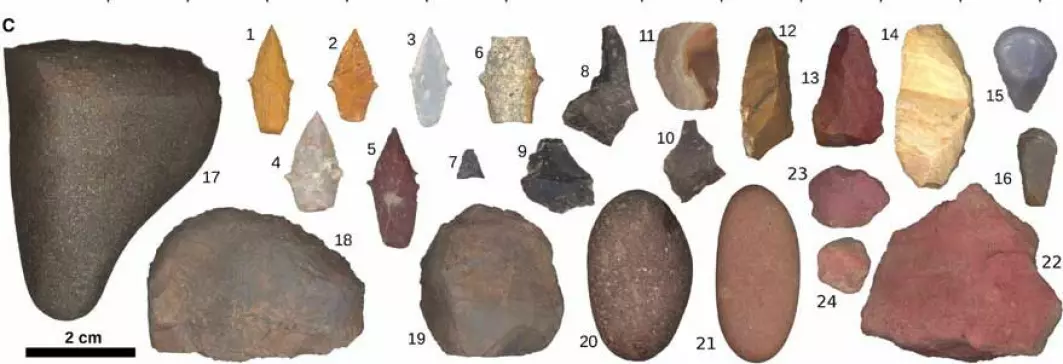 Redskapene fra graven: 1-7 viser prosjektilspisser, 8-10 er steinflak med skarp skjærekant, 11-13 er mer tilhugde steinflakredskaper, 14 kan være en kniv med avrundet ende til å holde i, 15-16 er tommelneglskraper, 18-19 er skraper eller kutteredskaper, mens 17, 20 og 21 er slipesteiner. 22-24 er steiner som ga rødt fargestoff.