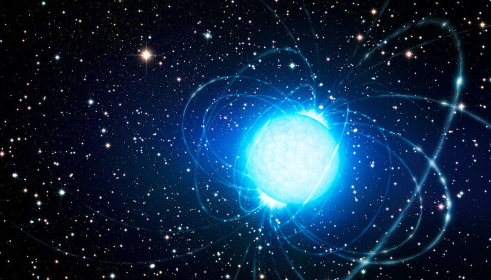 En illustrasjon av en magnetar. De kraftige magnetiske feltene er tegnet inn som bøyde linjer. En illustrasjon av en magnetar. De kraftige magnetiske feltene er tegnet inn som bøyde linjer.