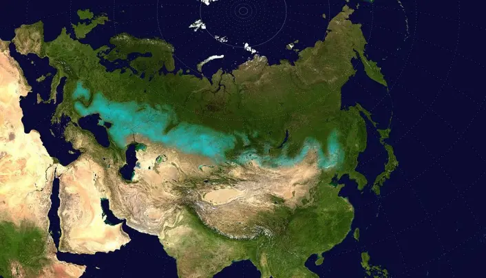 Det lyse området på kartet viser utstrekningen av gresslettene gjennom Asia og Europa. Den nye studien har sett på genene til folk som levde i den østlige delen over 6000 år. Det lyse området på kartet viser utstrekningen av gresslettene gjennom Asia og Europa. Den nye studien har sett på genene til folk som levde i den østlige delen over 6000 år.