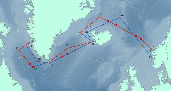 «G.O. Sars» drar frem og tilbake over Atlanterhavet i mai og juni. (Foto: (Illustrasjon: Havforskningsinstituttet)) «G.O. Sars» drar frem og tilbake over Atlanterhavet i mai og juni. (Foto: (Illustrasjon: Havforskningsinstituttet))