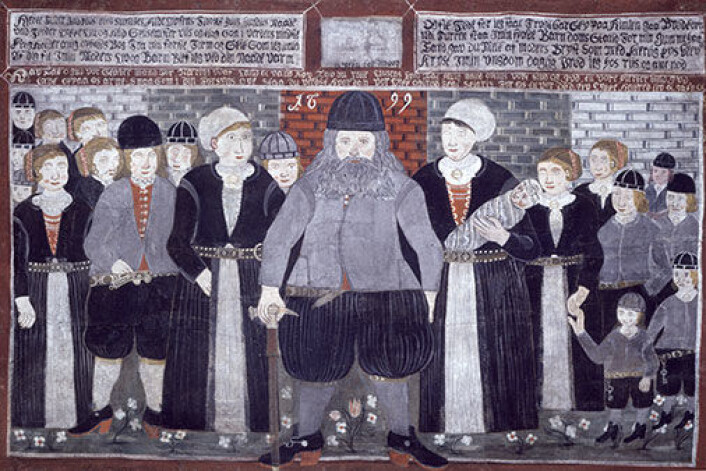 Epitafium, fra Gol kirke i Hallingdal i Buskerud, av storbonde Bjørn Frøysok og hans familie. (Foto: (Fotograf: Bjørg Disington. Copyright: Norsk folkemusemum)) Epitafium, fra Gol kirke i Hallingdal i Buskerud, av storbonde Bjørn Frøysok og hans familie. (Foto: (Fotograf: Bjørg Disington. Copyright: Norsk folkemusemum))