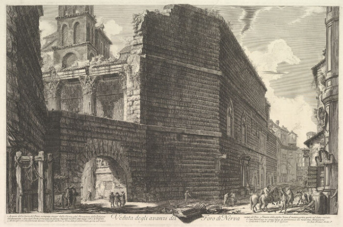 Emperor Augustus built a 30 meter high wall to protect his forum from fires. The view shows the rear of the wall, with the remains of the temple and forum beyond. Emperor Augustus built a 30 meter high wall to protect his forum from fires. The view shows the rear of the wall, with the remains of the temple and forum beyond.