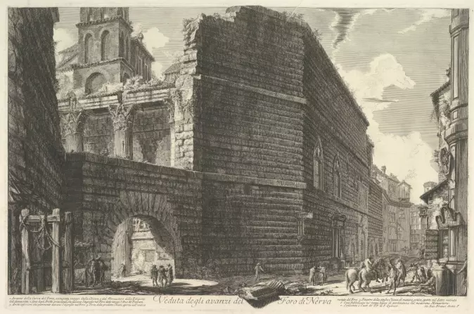 Ein 30 meter høg mur vart bygd for å verne Augustus’ forum mot brann. Teikninga viser muren sett utanfrå, med restane av tempelet og forumet på innsida.