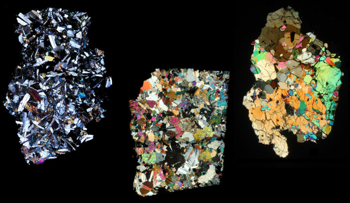 Snitt av de spesielle meteorittsteinene som stammer fra Vesta. Bildet er tatt gjennom polarisasjonsmikroskop, som gir forskjellige mineraler hver sin farge. (Foto: University of Tennessee)