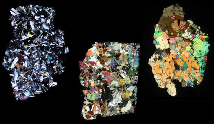 Snitt av de spesielle meteorittsteinene som stammer fra Vesta. Bildet er tatt gjennom polarisasjonsmikroskop, som gir forskjellige mineraler hver sin farge. (Foto: University of Tennessee) Snitt av de spesielle meteorittsteinene som stammer fra Vesta. Bildet er tatt gjennom polarisasjonsmikroskop, som gir forskjellige mineraler hver sin farge. (Foto: University of Tennessee)