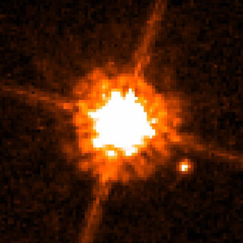 "Den lille stjernen er ikke XO-3b, men en annen brun dverg, CHRX 73 B. Bildet er tatt med Hubble-romteleskopet. (Foto: ESA)" "Den lille stjernen er ikke XO-3b, men en annen brun dverg, CHRX 73 B. Bildet er tatt med Hubble-romteleskopet. (Foto: ESA)"
