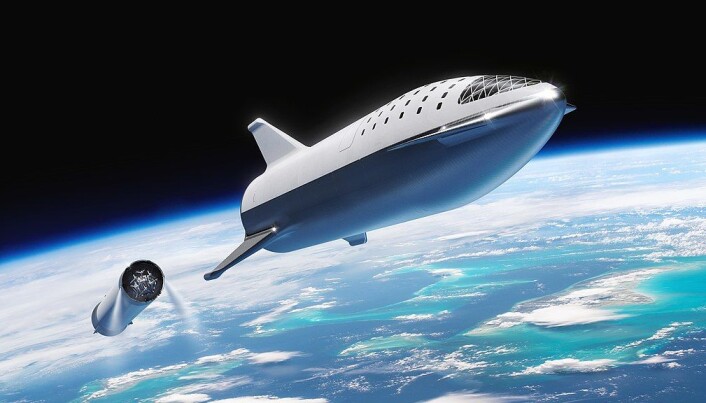 En framstilling av en tidligere Starship-variant, etter at første stadiet er koblet fra etter oppskytning. En framstilling av en tidligere Starship-variant, etter at første stadiet er koblet fra etter oppskytning.