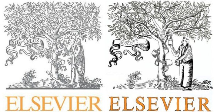 Til venstre Elseviers ekte logo, til høyre en kopi av logoen laget til boikotten. (Bilde: Elsevier/Giulia Forsythe/Flickr Creative Commons) Til venstre Elseviers ekte logo, til høyre en kopi av logoen laget til boikotten. (Bilde: Elsevier/Giulia Forsythe/Flickr Creative Commons)