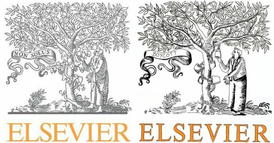 Til venstre Elseviers ekte logo, til høyre en kopi av logoen laget til boikotten. (Bilde: Elsevier/Giulia Forsythe/Flickr Creative Commons)