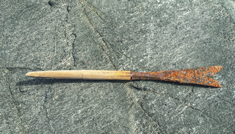 Dette er en pil fra vikingtiden, med en spesiell todelt spiss. Dette er en pil fra vikingtiden, med en spesiell todelt spiss.