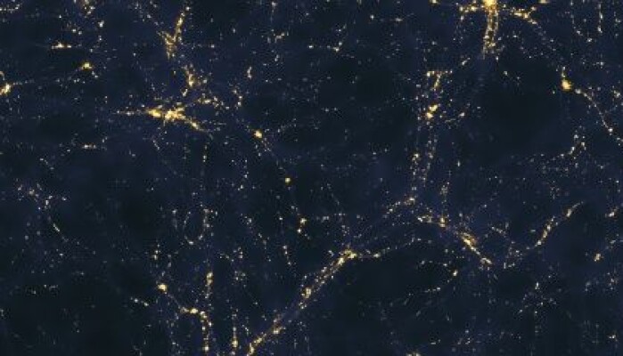 Flere er blitt slått av likheten mellom hjernen og universet. Dette bildet er en datamodell som viser et stort antall galakser, organisert i tråder og klynger. Spiller mørk materie en rolle? Flere er blitt slått av likheten mellom hjernen og universet. Dette bildet er en datamodell som viser et stort antall galakser, organisert i tråder og klynger. Spiller mørk materie en rolle?