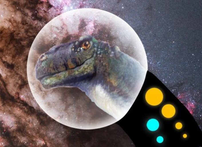 "Det er mulig at superintelligente dinosaurer lever på en planet et eller annet sted langt ute i verdensrommet. Det hevder i hvert fall en amerikansk kjemiker." (Foto: (Montasje: Wikimedia Commons)) "Det er mulig at superintelligente dinosaurer lever på en planet et eller annet sted langt ute i verdensrommet. Det hevder i hvert fall en amerikansk kjemiker." (Foto: (Montasje: Wikimedia Commons))