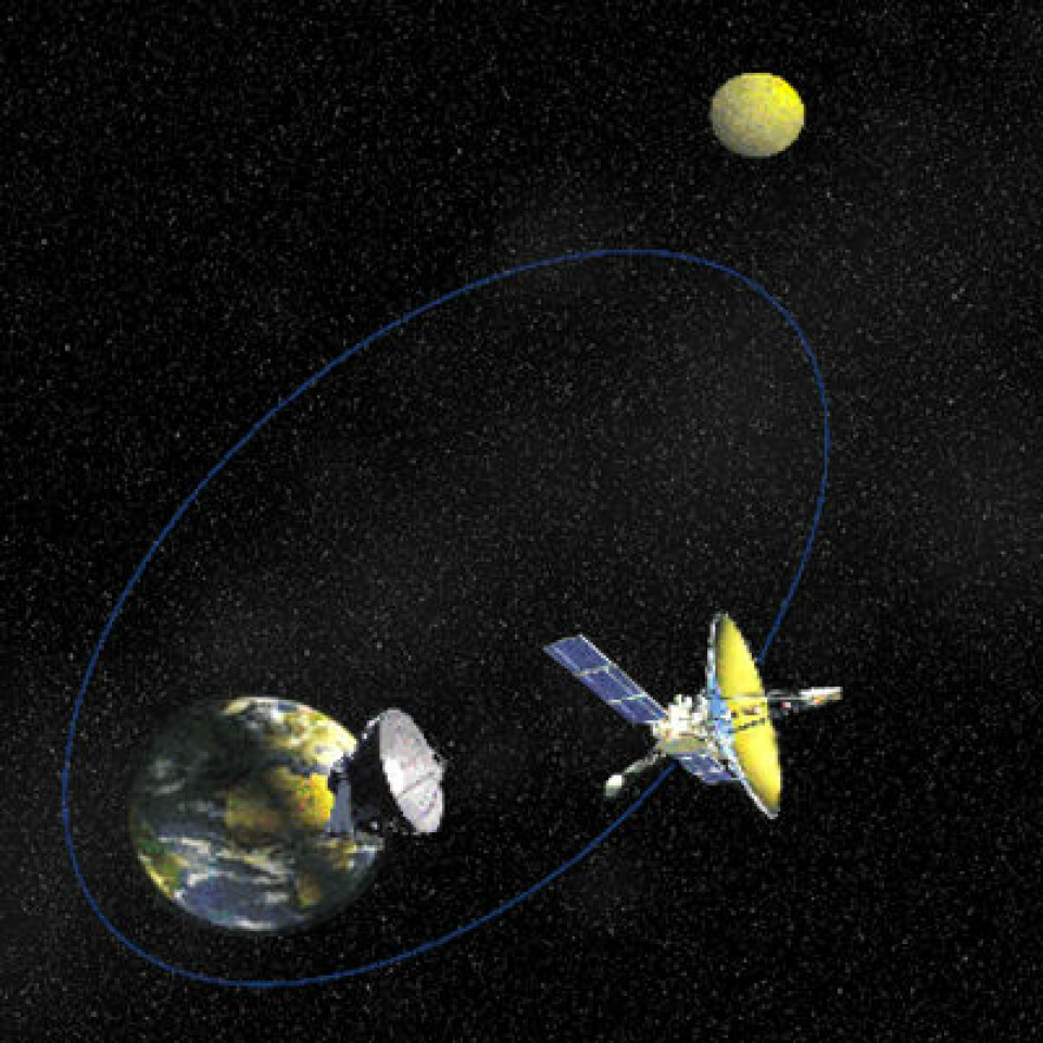 Radioteleskopet RadioAstron (Spektr-R) virker sammen med radioteleskoper på jorda slik at oppløsningen tilsvarer et teleskop som er større enn avstanden fra jorda til månen. (Foto: (Figur: via NASA))