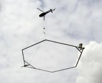 Ved SkyTEM-teknologien henger en stor ring under et helikopter og fungerer som en spole med et kraftig elektromagnetisk felt. Det utnytter forskerne til å skape strøm i undergrunnen, og alt etter hvor raskt strømmen svekkes, kan forskerne analysere seg frem til hvordan undergrunnen er oppbygget. (Foto: Aarhus Universitet) Ved SkyTEM-teknologien henger en stor ring under et helikopter og fungerer som en spole med et kraftig elektromagnetisk felt. Det utnytter forskerne til å skape strøm i undergrunnen, og alt etter hvor raskt strømmen svekkes, kan forskerne analysere seg frem til hvordan undergrunnen er oppbygget. (Foto: Aarhus Universitet)