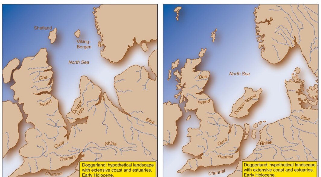 Slik kan Doggerland ha sett ut for rundt 10 000 år siden, til høyre i bilde. Etterhvert har havet steget, og deler av landområdet har blitt øyer. Nå er alt sunket i havet, Slik kan Doggerland ha sett ut for rundt 10 000 år siden, til høyre i bilde. Etterhvert har havet steget, og deler av landområdet har blitt øyer. Nå er alt sunket i havet,