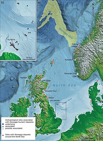 Det gule området på kartet viser hvor det digre Storegga-raset gikk. Raset utløste en tsunami for over 8000 år siden. Det gule området på kartet viser hvor det digre Storegga-raset gikk. Raset utløste en tsunami for over 8000 år siden.