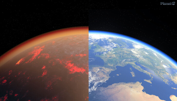 Slik ser en kunstner for seg at jordens atmosfære kan ha sett ut over magmahavet, sammenlignet med dagens jord til høyre. Slik ser en kunstner for seg at jordens atmosfære kan ha sett ut over magmahavet, sammenlignet med dagens jord til høyre.