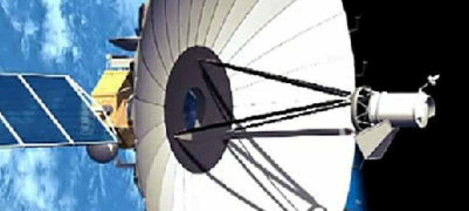 Radioteleskopet RadioAstron i bane rundt jorda. Banen er sterkt avlang, og går i en avstand mellom ca. 10 000 kilometer og nærmere 400 000 kilometer fra jorda. (Figur: NPO Lavochin, fra YouTube-video)