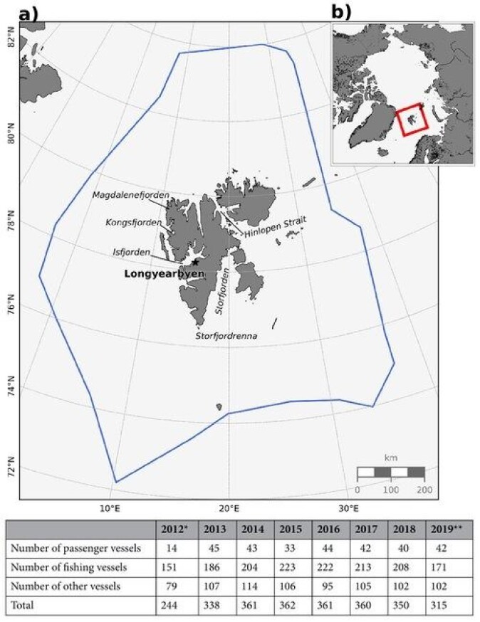 Map of the Svalbard Fisheries Protection Zone and overview of the changes in marine traffic int the area. Map of the Svalbard Fisheries Protection Zone and overview of the changes in marine traffic int the area.