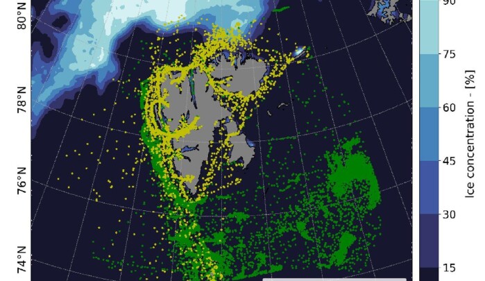 Average sea ice concentration, and fishing (green) and passenger (yellow) vessel position in July of 2013. Figures generated with python 3.7.x. Average sea ice concentration, and fishing (green) and passenger (yellow) vessel position in July of 2013. Figures generated with python 3.7.x.